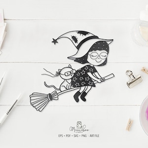 Pequeña bruja y gato - Halloween - Archivo de corte - Archivo de trazador de arte - Corte de papel - pdf svg png eps - Silhouette Cameo - Cricut Maker - Sello