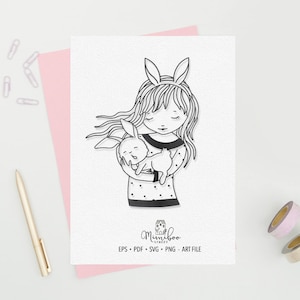 Fille et lapin - SVG - CUT file - Art Plotter File - Paper cut - Silhouette Cameo - Cricut Maker - Card making - Sublimation Design