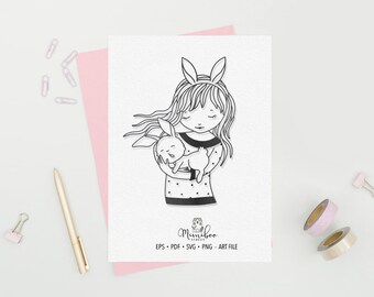 Girl and Bunny - SVG - CUT file - Art Plotter File - Paper cut - Silhouette Cameo - Cricut Maker - Card making - Sublimation Design