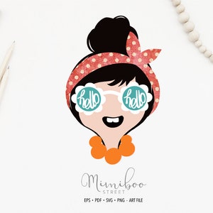 Pode incluir: Uma ilustração digital de uma mulher de desenho animado com uma faixa de cabeça vermelha e branca de bolinhas, cabelo preto em um coque e óculos de sol que dizem "hello" em letras turquesa. Ela está usando um colar de círculos laranja.