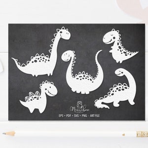 Może przedstawiać: Pięć białych sylwet dinozaurów wyciętych na czarnym tle. Dinozaury są w różnych pozach, w tym stojące, chodzące i biegnące. Wycięcia są idealne do projektów rękodzieła, scrapbookingu lub dekoracji.