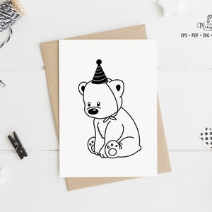 以下が含まれることがあります： 帽子をかぶったクマの白黒の線画イラスト。クマは前足を前に出して座っています。