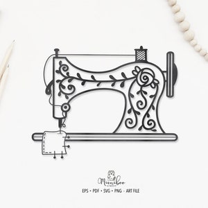 Könnte beinhalten: Schwarz-weiß-Linienkunst-Illustration einer Vintage-Nähmaschine mit floralen Details. Die Maschine näht ein Stück Stoff mit Nadel und Faden.