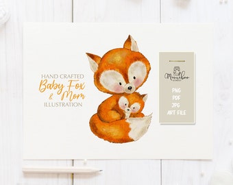 Baby Fox and Mom - watercolor illustration - hand painted clipart - CUT file PNG - Silhouette Cameo - Cricut Maker - Sublimation Graphic