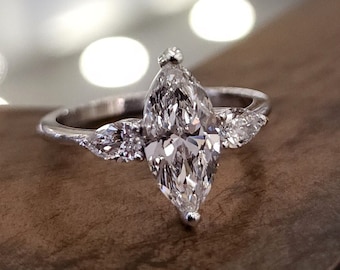 Handmade Jewelry Unique Engagement Ring Marquise Diamond 1.40ct Pear Cut Diamonds 14k Solid White Gold