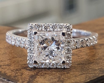 Diamond Engagement Ring 1ct Princess Cut Diamond Halo Setting Diamond Eternity Band White Gold Solitaire Engagement Rings