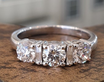 Diamond Engagement Ring Round Baguette Diamonds 14k White Gold Three Stone Engagement Ring Handmade Unique Diamond Ring