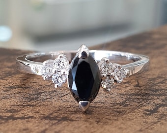 Black Diamond Engagement Ring Marquise 0.50 Diamond 14k White Gold Rings For Women