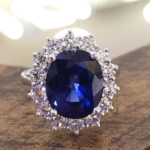 Blue Sapphire Diana Ring Oval Gemstone Lab Diamonds 14k Solid Gold Anniversary Ring Gift For Her