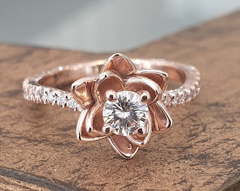 Rose Gold Flower Engagement Ring, Unique Engagement Ring, Floral Jewelry, Anniversary Diamond RIng