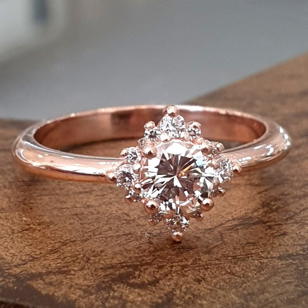 Flower Diamond Engagement Ring,  14k 18k Solid Gold Ring, Art Deco Style Diamond Ring Women