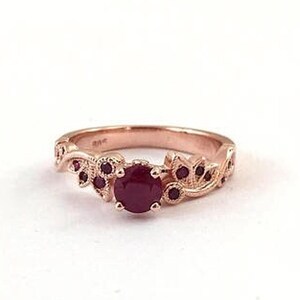 Ruby Engagement Ring With Unique Diamond Leaf Design, Rose Gold Engagement Ring, Gemstone Engagement Ring, Ruby Jewelry, Promise Ring