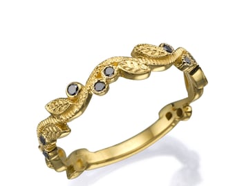 Leaves Black Diamond Wedding Band, Leaf Ring, Wedding Ring, Women Wedding Bands, Engagement Ring, Promise Ring, Statement Ring