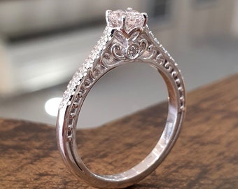 Engagement Ring Victorian Style 14k White Gold 0.40 Diamond Unique filigree Diamond Band Rings For Women