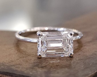 Emerald Engagement Ring 2ct Emerald Diamond 14k White Gold Band, Handmade Jewelry, Uniuqe Anniversary Birthday Gift For Women