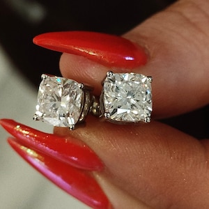 Cushion Cut Diamond Stud Earrings, 2ct Lab Diamonds 14k White Gold, Everyday Earrings Gift for Her