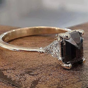 1.5 Radiant Cut Black Diamond Engagement Ring Triangle White Diamond 14K Yellow Gold Promise Anniversary Ring For Women Gift For Her