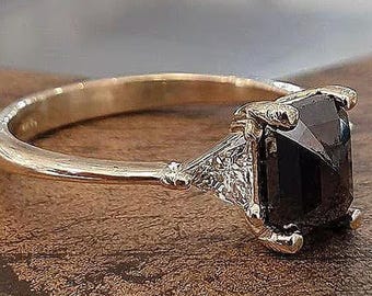 Radiant Cut Black Diamond Engagement Ring Triangle White Diamond 14K  Yellow Gold Promise Anniversary Ring For Women Gift For Her