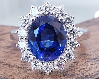 Anillo de compromiso de aniversario con zafiro azul ovalado de 4 quilates en oro blanco de 14 k con diamantes naturales, anillo de la princesa Diana, regalo para ella