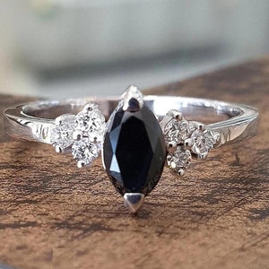 Black Diamond Engagement Ring Marquise 0.50 Diamond 14k White Gold Rings For Women
