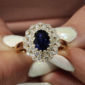 Diamond Blue Sapphire Ring, 14k Yellow Gold Ring, Statement Promise Ring For Women