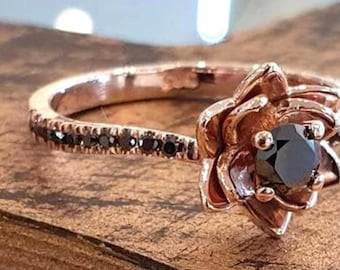 Rose goud zwarte diamanten bloem verlovingsring unieke verjaardag huwelijksbelofte statement ring cadeau voor vrouwen