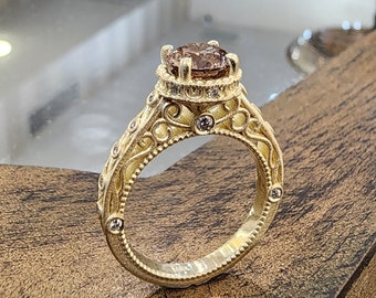Champgane Diamond Engagement Ring Vintage Style 14k Solid Matte Gold Filigree Band Bezel White Diamonds