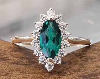 Emerald Engagement Ring Marquise Cut Green Emerald White Diamonds 14k Yellow Gold