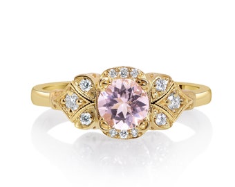 Vintage Engagement Ring Pink Morganite 14k Yellow Gold, Unique Engagement Ring For Women, Antique Jewelry
