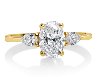 Oval Diamond Three Stone Engagement Ring 14k Yellow Gold Oval And Pear Cut Ring Three Stone Wedding Ring Bridal Anniversary Ring Gifts Her