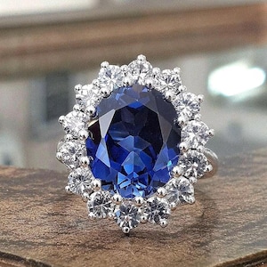 Blue Sapphire Diana Ring Oval Gemstone White Sapphire 14k Solid Gold Anniversary Ring Gift For Her