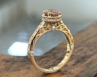 Vintage Diamonds Engagement Ring 1CT Champagne Diamonds Gold Bezel White Diamonds 14k Solid Yellow Gold