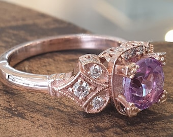 Engagement Rings Vintage Rose Gold Alexandrite White Diamonds Handmade Unique Engagement Ring Promise Statement Anniversary Ring For women