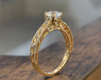 Engagement Ring Diamond 0.70ct 14k Yellow Gold Bezel Diamond Band Uniuqe Filigree Milgrain Ring For Women