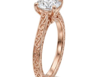 Vintage 1.50ct Round Diamond Engagement Ring, 14k Rose Gold Milgrain Band
