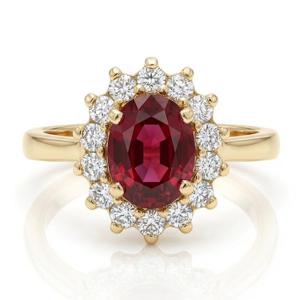Diana Ruby Ring: 14k Yellow Gold, White Diamond Halo Engagement
