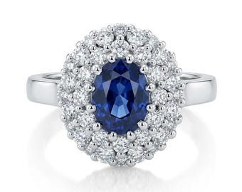 Oval Blue Sapphire Diamond Engagement Ring 14K White Gold Statement Ring