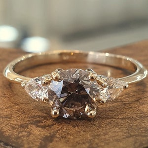 Engagement Ring 1.00Ct Champagne Diamond And Two Drop Diamonds 14k Gold Ring