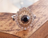 Vintage Engagement Ring For Women Black Diamond Natural White Gold , Unique Engagement Ring, Art Deco Ring, Edwardian Ring