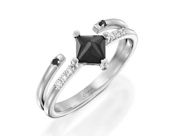 Black Diamond Engagement Ring Princess Cut 14k White Gold Promise Anniversary Gift For Her