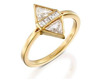 Gold Diamond Engagement Ring in 14k Yellow Gold With Triangle Diamond Shape- Art Deco Ring, Promise Ring