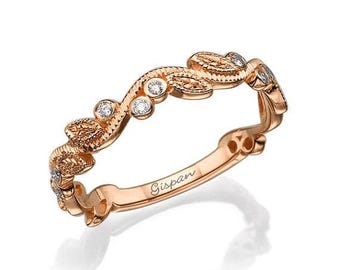 Anillo de compromiso minimalista con diseño de hoja y banda de diamantes en oro rosa de 14 k