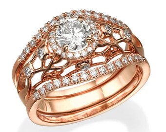Filigrane Verlobungsring Set Rose Gold Diamant Passende Ringe
