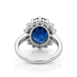 Princess Diana Sapphire Halo Ring 4CT Oval Cut : 9K White Gold, Lab Diamond Accent image 5