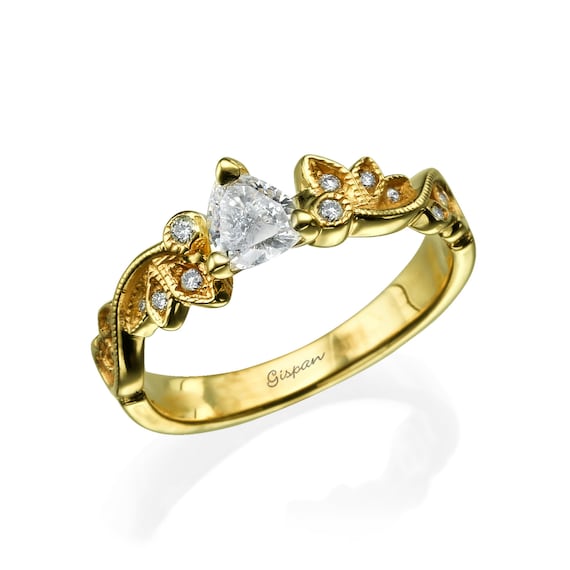 Unique Engagement Ring, Yellow Gold Ring, Leaves Ring, Triangle ring, Art Deco Ring, Diamond Ring, Vintage Ring, Antique Ring, Leaf Ring