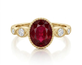 Bague de fiançailles en or jaune 14 carats avec rubis : bague halo de diamants antique