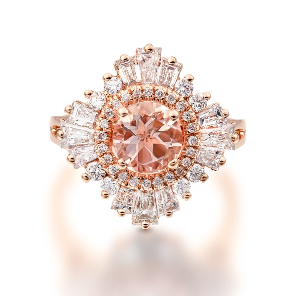 18K Gold Diamond & Natural Pink Morganite Art Deco Engagement Ring