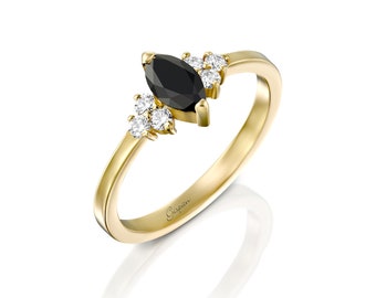 Marquise Black Diamond Engagement Ring 14k Yellow Gold Wedding Jewelry Anniversary Promise Gift For Women