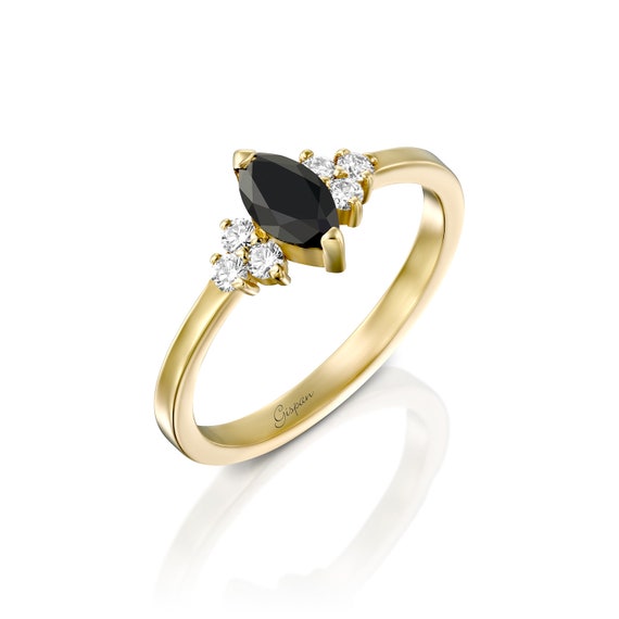 Marquise Black Diamond Engagement Ring 14k Yellow Gold Wedding | Etsy
