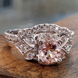 Unique Vintage Engagement Ring Set Pink Morganite White Diamonds 14k White Gold